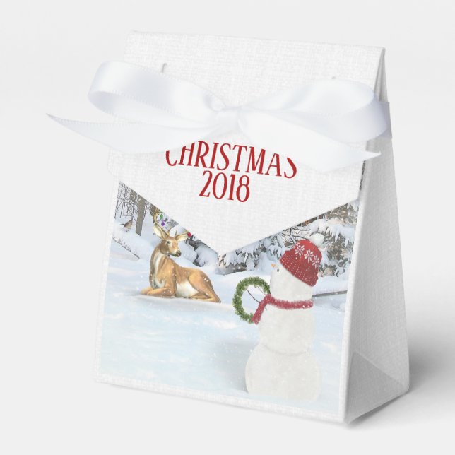 Christmas snowman with deer in winter woods favour box (Front Side)