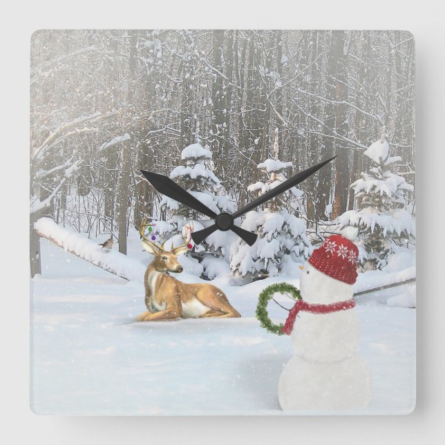 Christmas snowman with deer in winter woods square wall clock (Front)