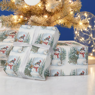 Christmas Snowman with Forest Animals and Birds Wrapping Paper