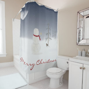 Christmas snowman with gold star and moon shower curtain
