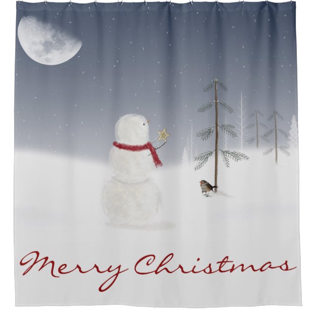 Christmas snowman with gold star and moon shower curtain (Front)