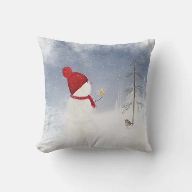 Christmas Snowman with gold star Cushion (Front)