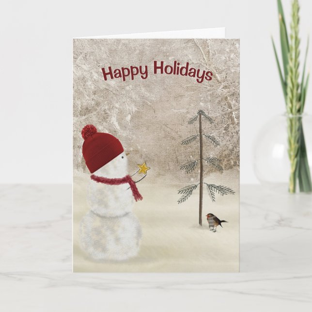 Christmas Snowman With Gold Star Ornament Holiday Card (Front)