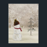 Christmas Snowman With Gold Star Postcard<br><div class="desc">Cute snowman holding a gold star in winter woods with pine tree and bird.</div>