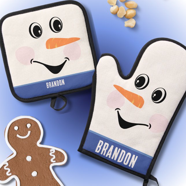 Christmas Snowman With Happy Face Smile Blue White Oven Mitt & Pot Holder Set (Creator Uploaded)