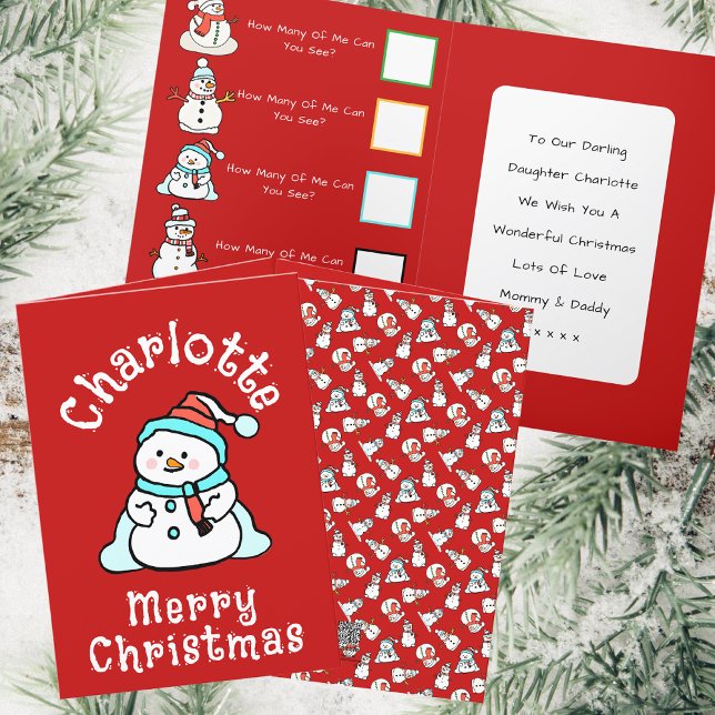 Christmas Snowman With Name | Girls Red Activity Holiday Card (Front, Back And Inside)