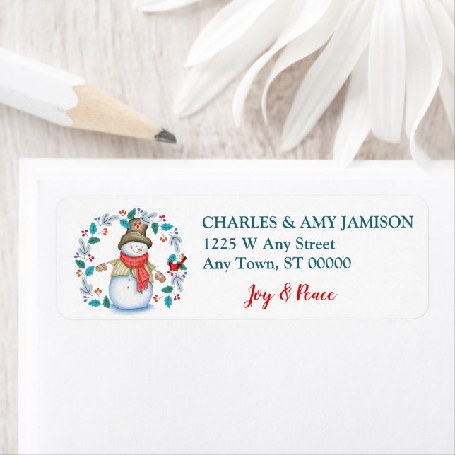 Christmas Snowman with Red Bird Wreath  Return Address Label (Insitu)