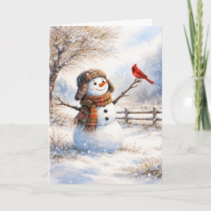 Christmas Snowman With Red Cardinal Bird Card