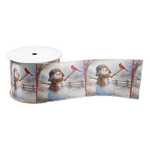 Christmas Snowman With Red Cardinal Bird Satin Ribbon