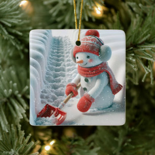 Christmas Snowman With Red Shovel Ceramic Ornament