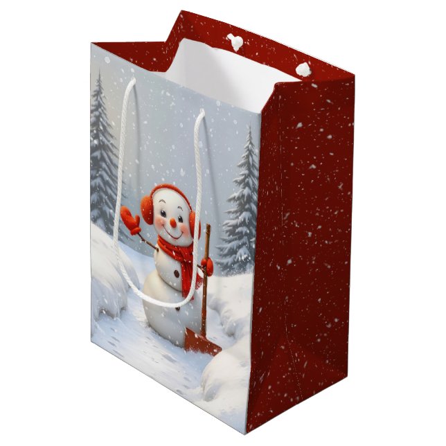 Christmas Snowman With Red Shovels Medium Gift Bag (Front Angled)