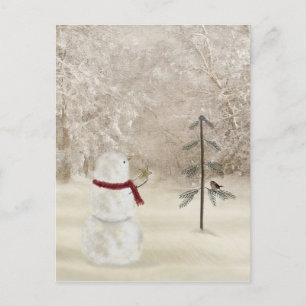 Christmas snowman with star for pine tree postcard