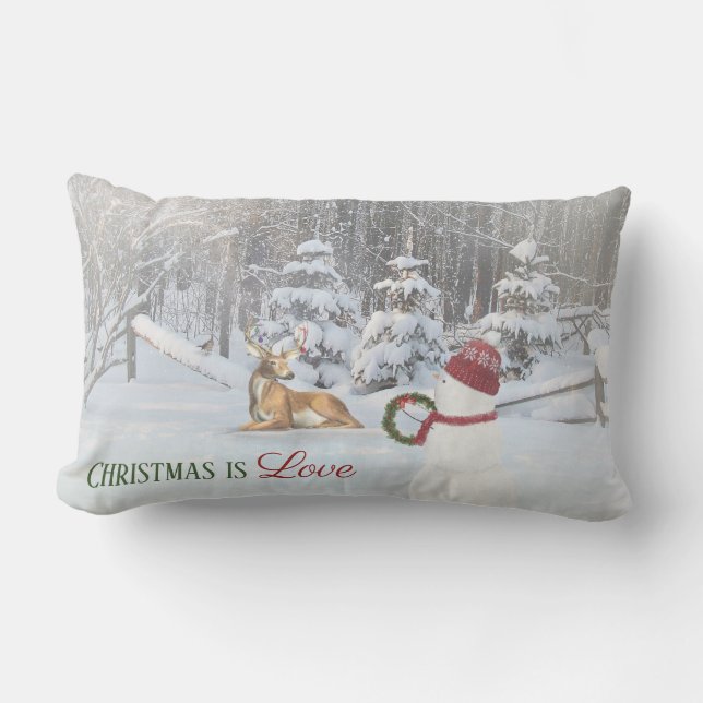Christmas snowman with wreath for deer in snow lumbar cushion (Front)