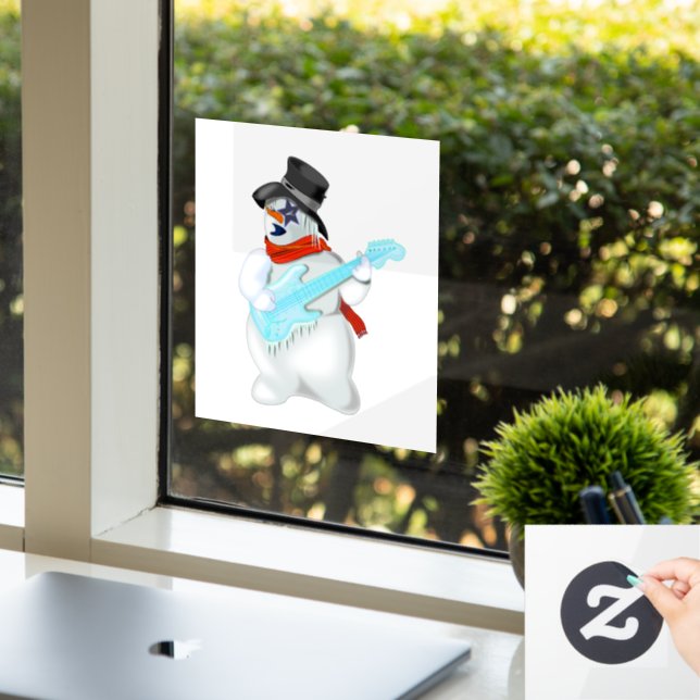 Christmas Snowmans with Guitar Funny Window Cling (Office)