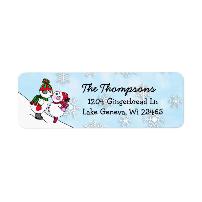 Christmas Snowmen and Snowwoman Kissing Return Address Label (Front)