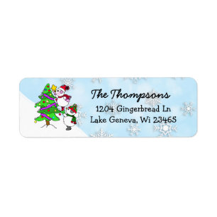 Christmas Snowmen Decorating Tree Return Address Label