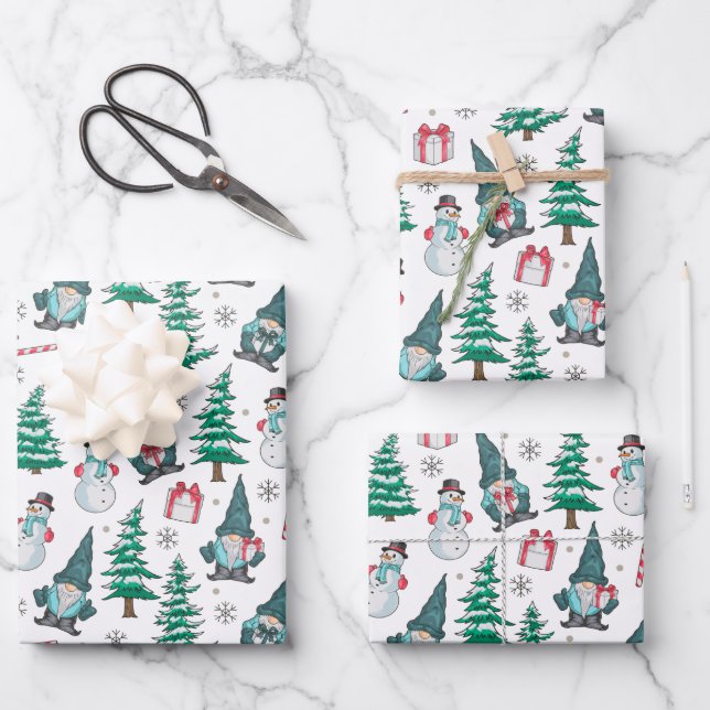 Christmas Snowmen Gnomes Candy Canes Gifts Wrapping Paper Sheet (Front)