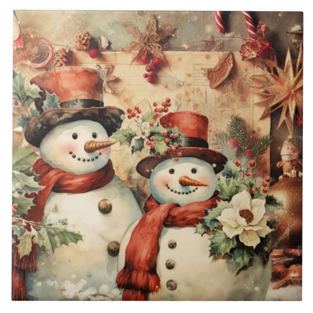 Christmas Snowmen illustration Ceramic Tile (Front)