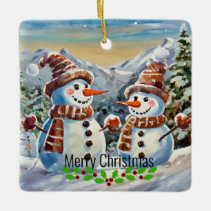Christmas Snowmen, Merry Christmas, Ceramic Ornament