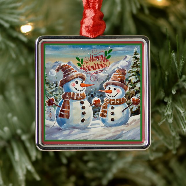 Christmas Snowmen, Merry Christmas, Metal Ornament (Tree)