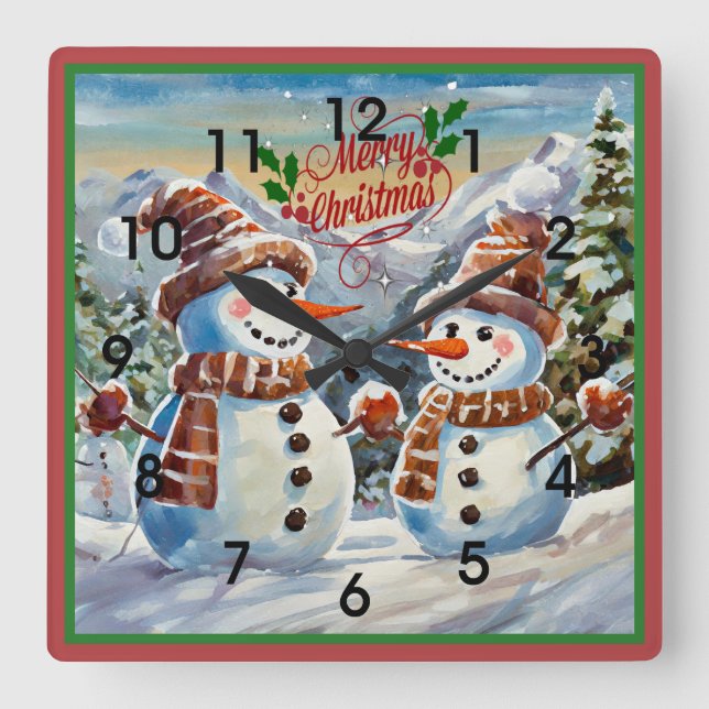 Christmas Snowmen, Merry Christmas, Square Wall Clock (Front)