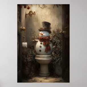 Christmas Snowmen On Toilet Print, Winter Bathroom Poster