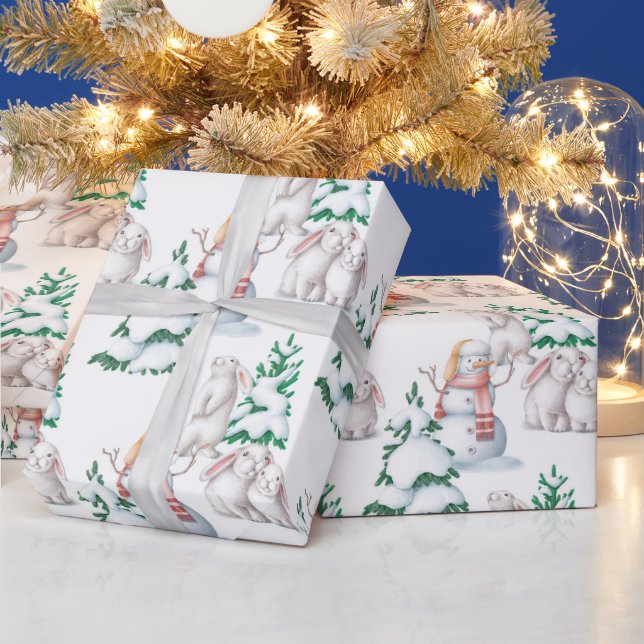 Christmas Snowmen Rabbits Trees Illustration Wrapping Paper (Holidays)