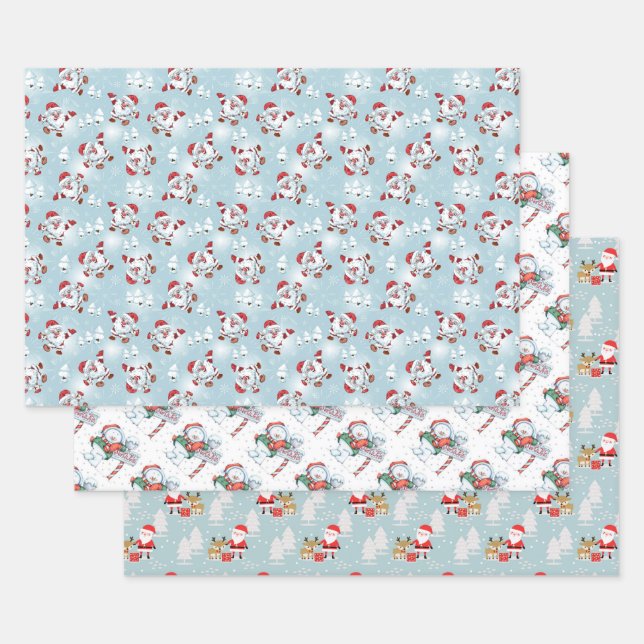 Christmas Snowmen, Santa Claus and Rudolph Wrapping Paper Sheet (Set)