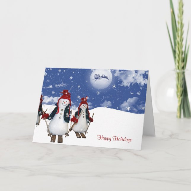 Christmas snowmen skiing holiday card (Front)
