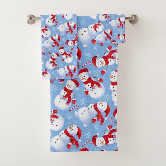 Christmas Snowmen, Snowflakes and Candy Canes  Bath Towel Set (Insitu)