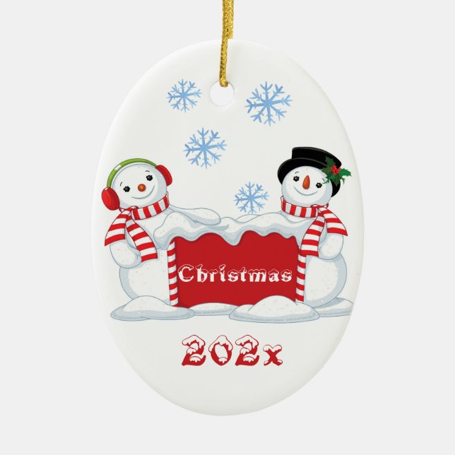 Christmas Snowmen Tree Ceramic Ornament (Front)
