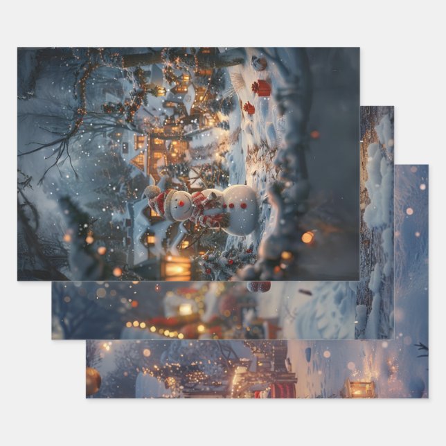Christmas Snowmen Village Decoupage Wrapping Paper Sheet (Set)