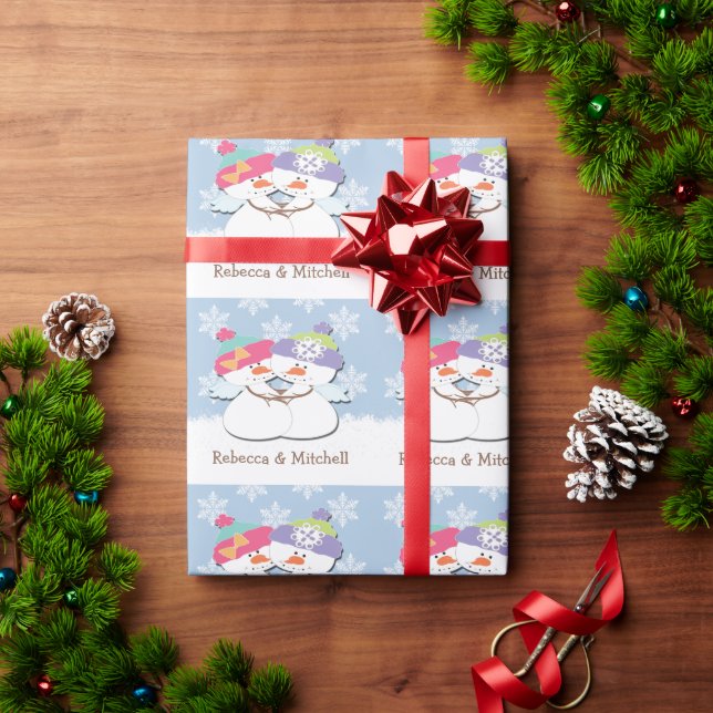 Christmas Snowmen With Snowflake Background Wrapping Paper (Holiday Gift)