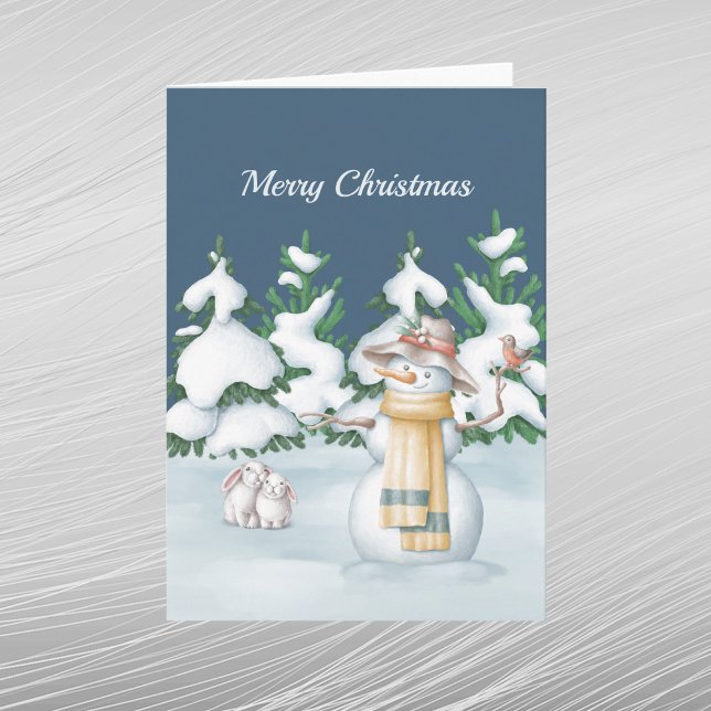 Christmas Snowwoman Rabbits Trees Snow Watercolor Holiday Card (Creator Uploaded)