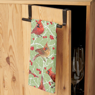 Christmas Snowy Cardinals   Celery   Tea Towel