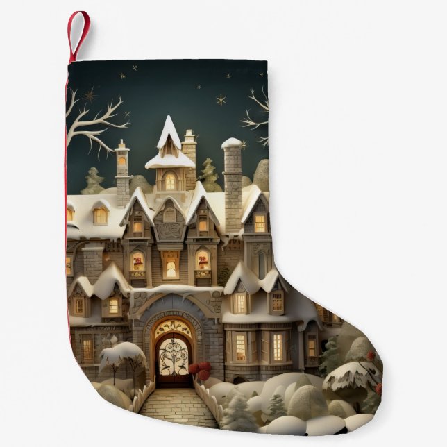 Christmas Snowy Manor Storybook Wonderland Small Christmas Stocking (Front)