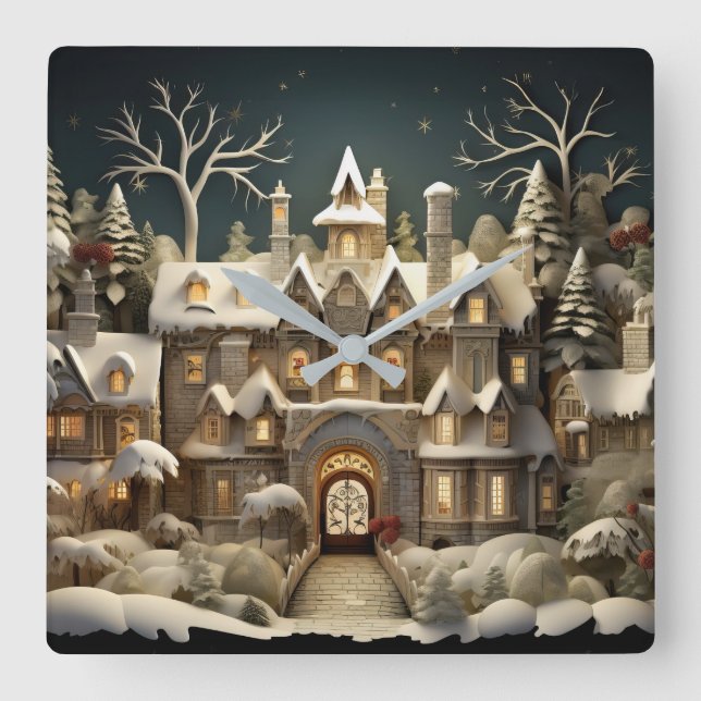 Christmas Snowy Manor Storybook Wonderland Square Wall Clock (Front)