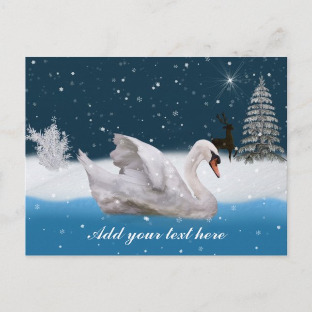 Christmas, Snowy Night with A Swan, Customisable Holiday Postcard (Front)