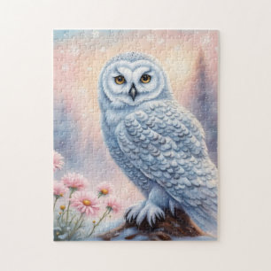 Christmas Snowy Owl, pink flowers. Jigsaw Puzzle