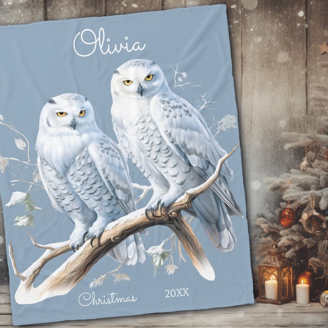 Christmas Snowy Owls Winter Personalised Fleece Blanket (Creator Uploaded)