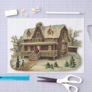 Christmas Snowy Victorian Antique House Home Snow Tissue Paper
