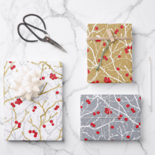 Christmas Snowy Winterberries   Gold/Gray/Red/Wt   Wrapping Paper Sheet