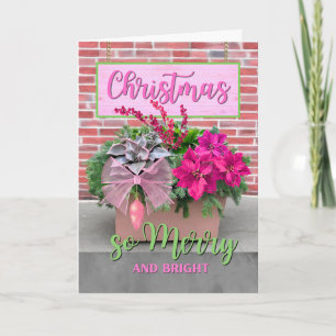 Christmas So Merry and Bright in Pink and Green Card