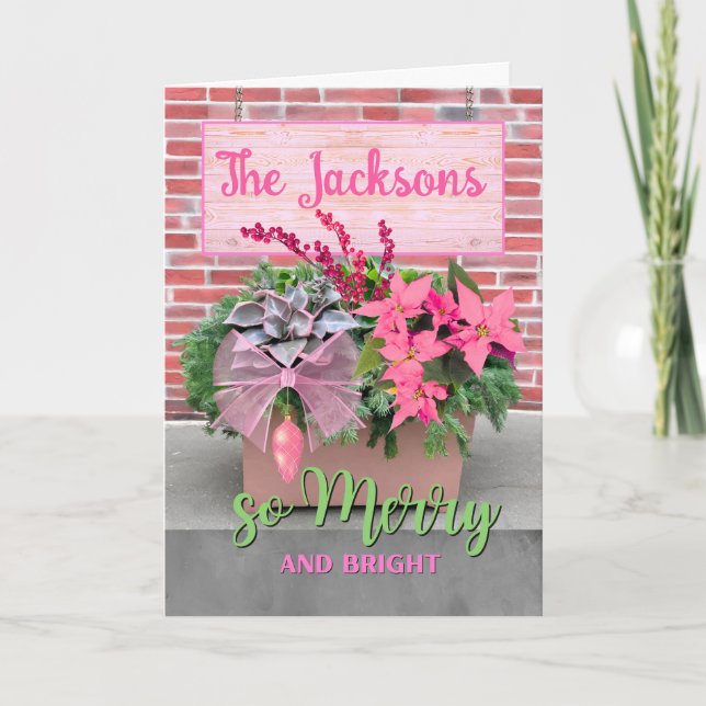 Christmas So Merry and Bright in Pink and Green  Card (Front)