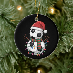 Christmas Soccer Ball Snowman Lights Santa Hat Ceramic Ornament