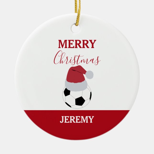 Christmas Soccer Ball Sports Football Custom Name Ceramic Ornament (Front)