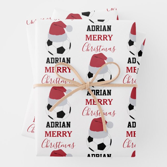 Christmas Soccer Ball Sports Football Custom Name Wrapping Paper Sheet (In situ)