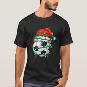 Christmas Soccer In Santa Hat In Holiday Xmas Ligh T-Shirt