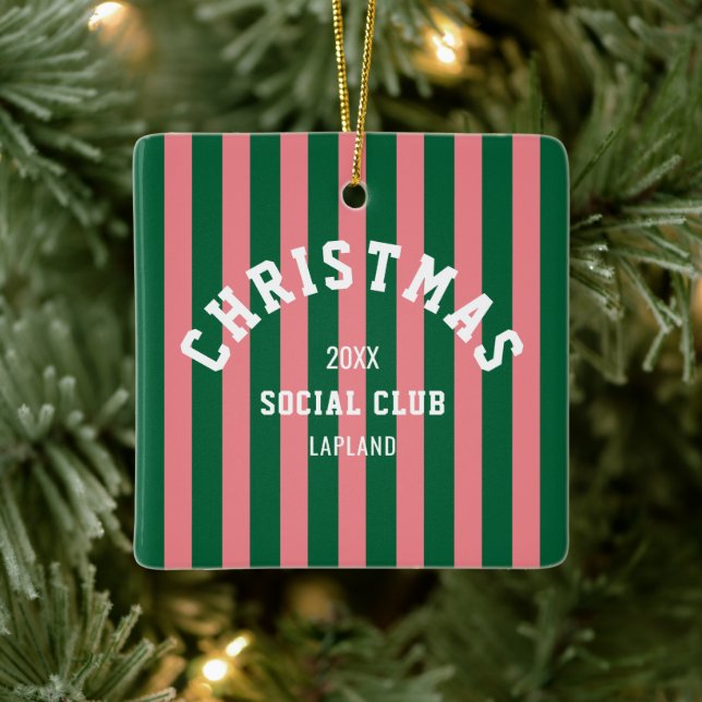 Christmas Social Club Green Pink Candy Stripes Ceramic Ornament (Tree)