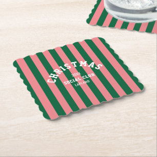 Christmas Social Club Green Pink Candy Stripes Paper Coaster